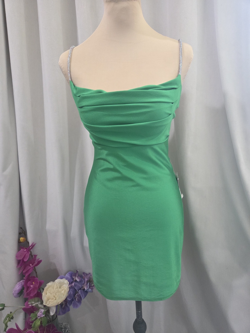 B Darlin Green Ruched Mini Dress with Rhinestone Straps